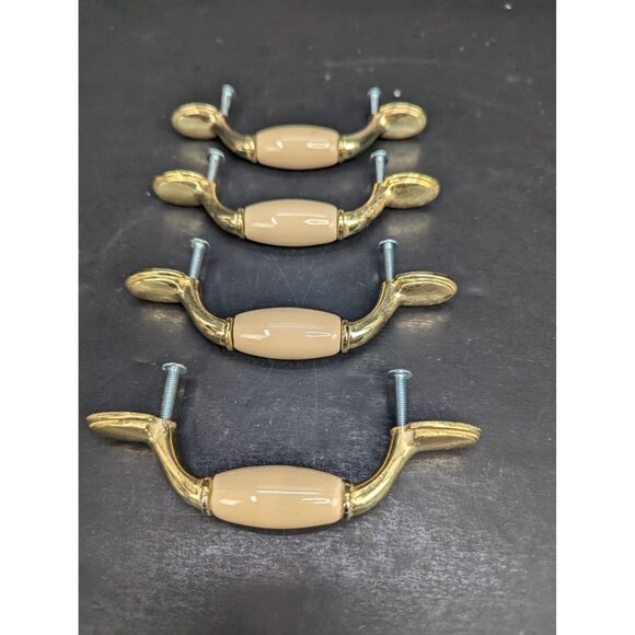 Cabinet or Drawer Pulls Cream Color Ceramic and Gold 3 Inch Center Lot of 4 - Picture 1 of 6